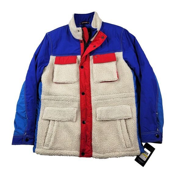 Tommy Hilfiger Colorblock Sherpa Walking Coat Mens Medium Blue White Red‎ - Picture 1 of 11